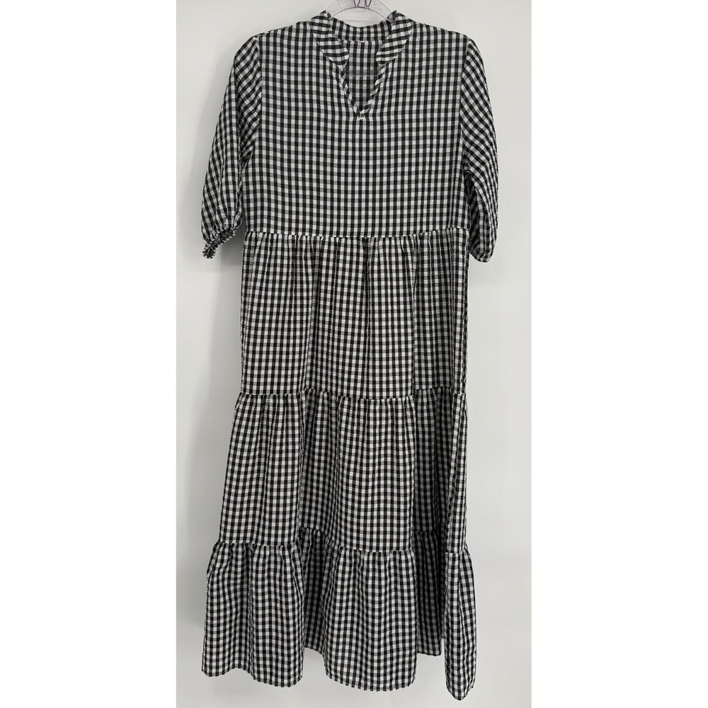 Black White Gingham Tiered Maxi Dress Womens Sz S 3/4 Sleeve Split‎ V-Neck Check